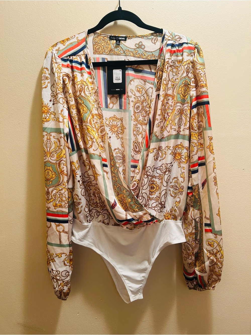 Fashion Nova Cream & Gold Printed Surplice Bodysuit Top
